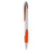 A plastic pen featuring a white body with orange accents and a removable cap; includes a logo.