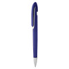 A purple plastic pen with a smooth finish and silver accents, featuring a sleek design and a logo.