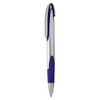 A silver pen with a purple grip and clip, featuring a smooth design and a logo on the barrel.