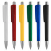 A collection of six plastic pens in white, red, yellow, green, blue, and black, each featuring a clip and silver accents.