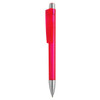 A bright red plastic pen with a silver clip and tip, featuring a branding logo on its body.