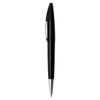 A black plastic pen with a metallic silver tip and clip, featuring a branding logo.