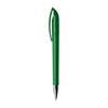 A green plastic pen with a unique clip design and metallic tip, featuring a logo on its surface.