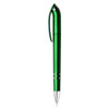 A green metallic pen with a sleek design and a chrome tip, featuring a clip and a logo.