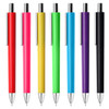 A set of plastic pens in pink, yellow, green, blue, purple, and black, with silver clips and tips, featuring a logo.