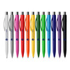 A collection of plastic pens in various colours including white, silver, pink, orange, green, and purple, featuring logos.