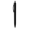 A black plastic pen with a silver tip and clip, featuring a logo on its body.