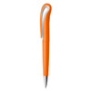An orange plastic pen featuring a sleek design and a silver clip. The pen has a branding logo.