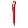 A red plastic pen featuring a sleek design and a silver tip. It includes a curved clip and branding on the barrel.