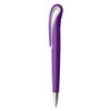 A purple plastic pen with a curved clip design and a metallic tip, featuring a logo on the barrel.