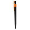 A plastic pen in black with an orange clip and top section, featuring a logo.