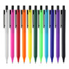 A collection of plastic pens in colours including white, pink, red, orange, yellow, green, blue, and black, with branding.