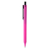 A pink plastic pen with a black clip and tip, featuring a gradient design. It has a branded logo.