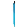 A plastic pen in a vibrant blue colour with a black clip and tip. The pen features a logo.