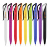A collection of plastic pens in various colours including white, pink, red, orange, yellow, green, blue, purple, and black, featuring a logo.