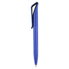 A blue plastic pen with a unique clip design and a shiny finish, featuring a logo on the body.