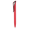 A red plastic pen with a unique clip design and a smooth finish, featuring a logo.