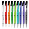 A set of plastic pens in various colours: red, orange, green, blue, purple, and clear, each with a silver clip and branding.
