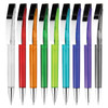 A collection of plastic pens in clear, red, orange, green, blue, purple, and a few other colours with chrome accents.