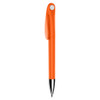 An orange plastic pen with a silver tip and a logo on the side.