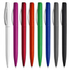 A collection of plastic pens in white, purple, red, orange, green, blue, grey, and black, featuring a logo.