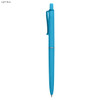 A light blue plastic pen with a textured grip and a clip, featuring a branding logo.