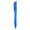 A blue plastic pen with a sleek design and a clip at the top, featuring a branding logo.
