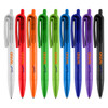 A collection of plastic pens in grey, red, orange, green, blue, purple, and black, featuring a logo on each.