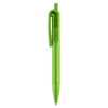 A green plastic pen featuring a transparent section and a clip for easy attachment. It has a logo.