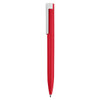 A red metal pen with a white clip and a smooth finish, featuring branding on the body.