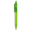 A bright green plastic pen featuring a clip and a transparent barrel, with a branding logo on it.
