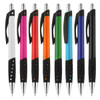 A set of plastic pens in various colours: white, pink, orange, green, blue, black, and purple, each with a grip and a branding logo.
