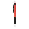 A plastic pen with a red barrel, black grip, and silver accents, featuring a branding logo.