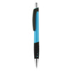 A plastic pen with a blue barrel, black grip, and silver accents. It features a clip and a logo.
