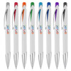 A collection of white plastic pens featuring coloured tops in orange, green, blue, and purple, with a logo on each.
