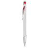 A plastic pen with a white barrel, red accents, and a silver tip. It features a clip and smooth design.