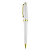 A white pen with gold accents and a clip, featuring a sleek design and a branding logo.