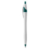 A plastic pen in white with teal accents and a logo on its side.