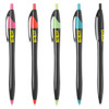 Five plastic pens with black bodies, featuring pink, red, green, and blue accents, each with a logo.