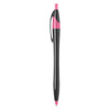 A plastic pen featuring a black barrel with pink accents and a clip. It has a simple, sleek design.