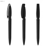 A set of three black plastic pens displayed from different angles, featuring a clip and a sleek design.
