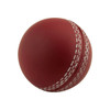 A red stress cricket ball with white stitched detailing, featuring a logo.