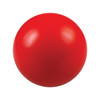 A red stress ball with a smooth surface, featuring a logo on one side.