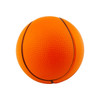 An orange stress ball shaped like a basketball, featuring textured surface and black lines.