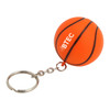 An orange basketball key ring with black stripes and a metal chain attachment, featuring a small logo.