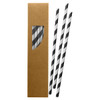 A box containing four black and white striped paper straws, visible through a cut-out window.