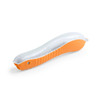 A toothbrush featuring a white and orange design, with a textured grip and a curved shape. It has a logo on it.