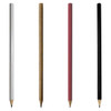 Four wood pencils in white, natural wood, pink, and black colours, each with a sharpened graphite tip.