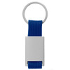 A blue band key ring featuring a silver rectangular attachment and a metal ring for keys.