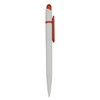A plastic pen in white with red accents, featuring a clip and a logo.